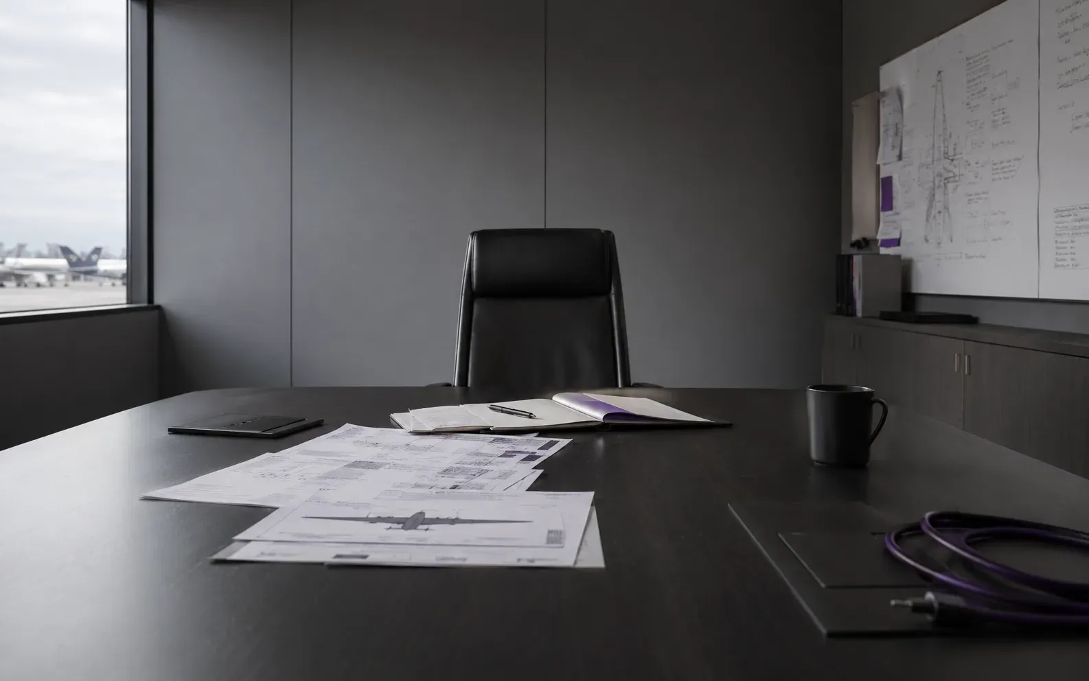 A single empty chair at the head of a long meeting table