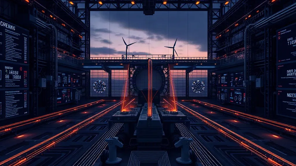 Abstract visualization of telemetry data flowing from energy infrastructure into a central AI system, rendered as glowing light pathways with no text.