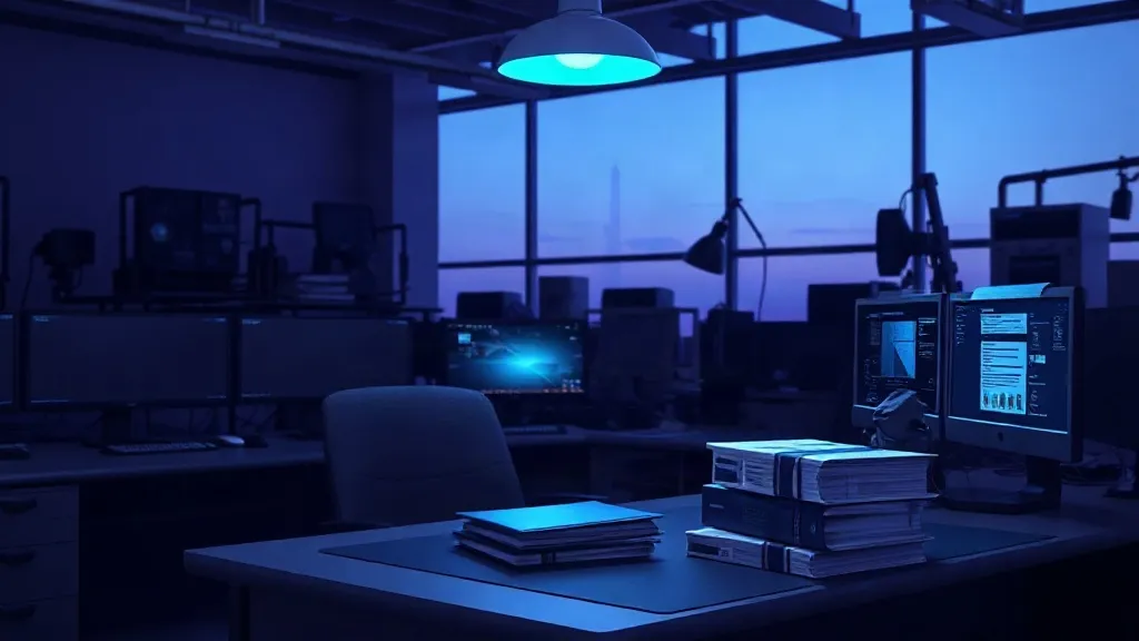 An empty aerospace engineering workstation at dusk, evoking unattended review of technical documentation.