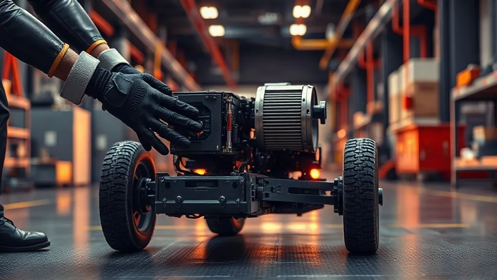 Multiple hands assembling a mobile robot from separately sourced components on a factory floor.