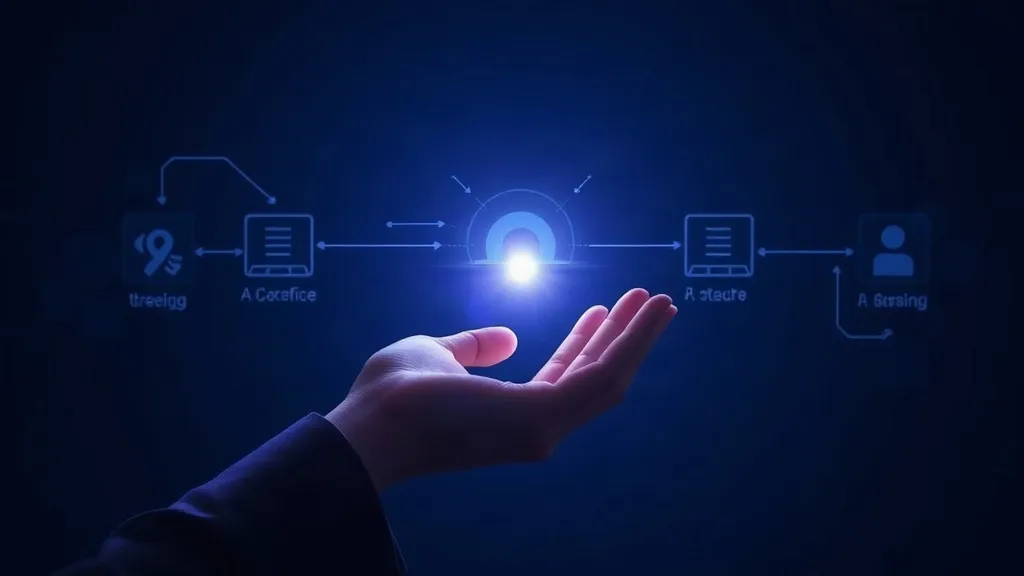 Abstract image of a light signal passing through translucent checkpoints toward a human hand, symbolizing AI-moderated patient messages reviewed before reaching a clinician.