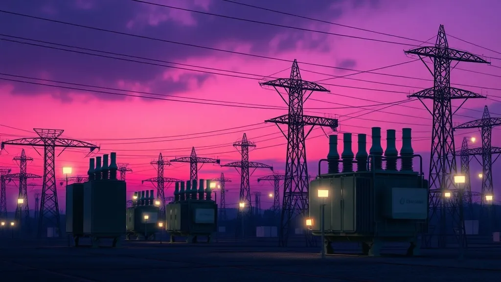 A power substation at dusk with an overlay suggesting an automated control layer managing the grid