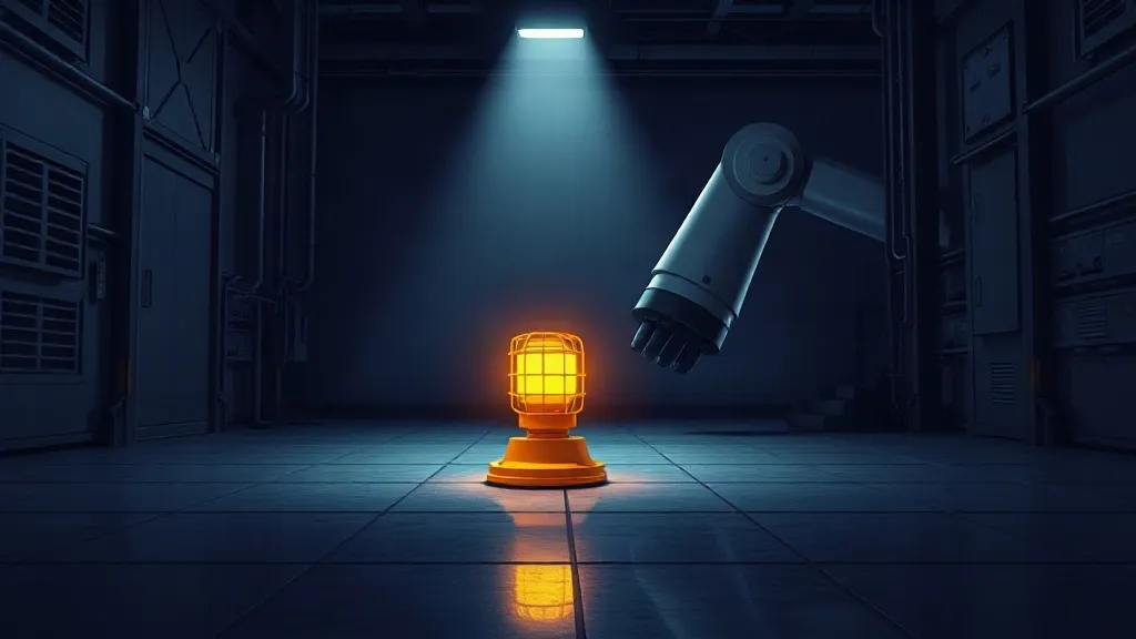 A lit emergency stop button on an industrial floor with a robotic arm frozen in the background.