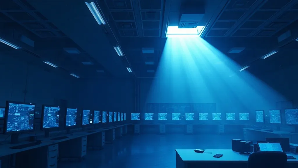 Empty clinical trial monitoring facility lit by blue equipment lights with a single shaft of sunlight breaking through a skylight.