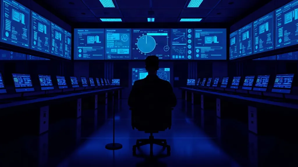 A lone analyst reviews holographic trial data in an otherwise empty clinical monitoring room lit in blue light.