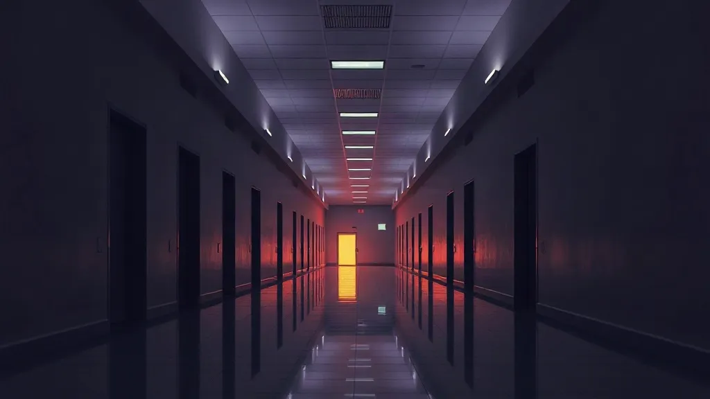 A hallway splitting into a single narrow lit path and multiple smaller branching doorways, symbolizing two different institutional approaches to AI oversight.
