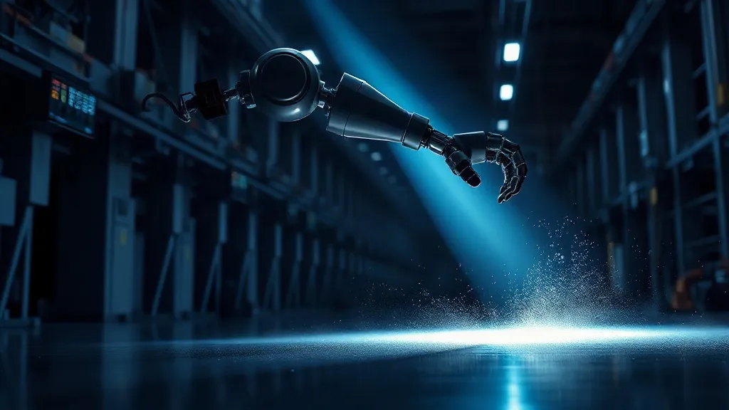 A robotic arm on a factory floor crossing a sweeping blue safety laser scanner beam.