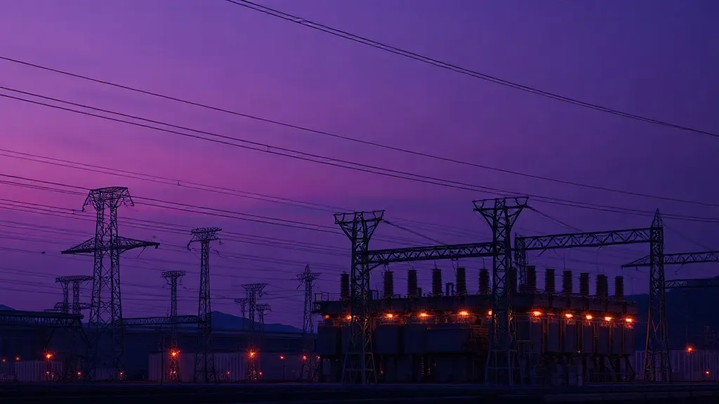 A power substation at dusk with transmission lines against a violet sky, evoking AI-managed grid infrastructure.
