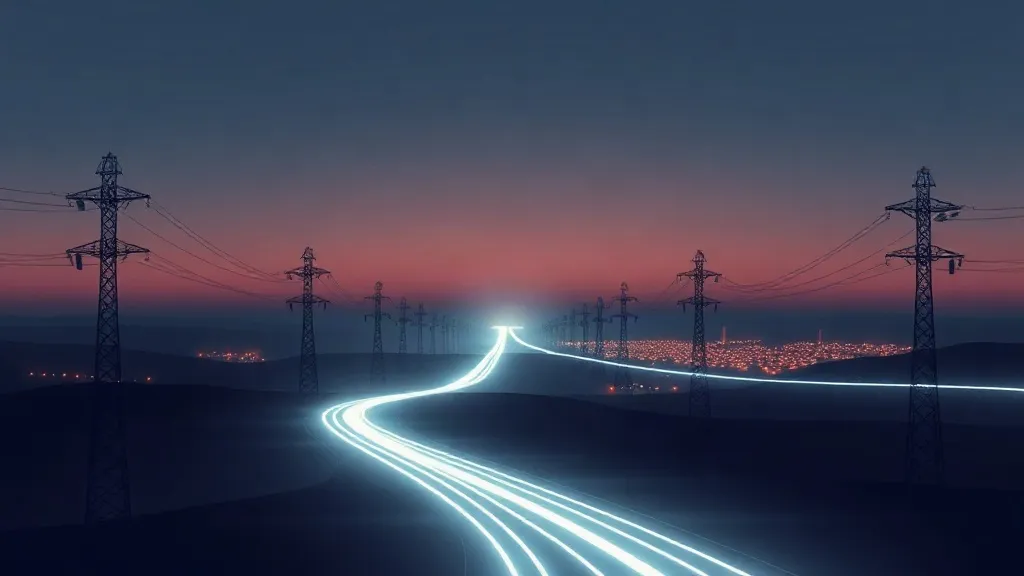 Transmission towers at dusk linked by streams of light flowing toward a distant data center.