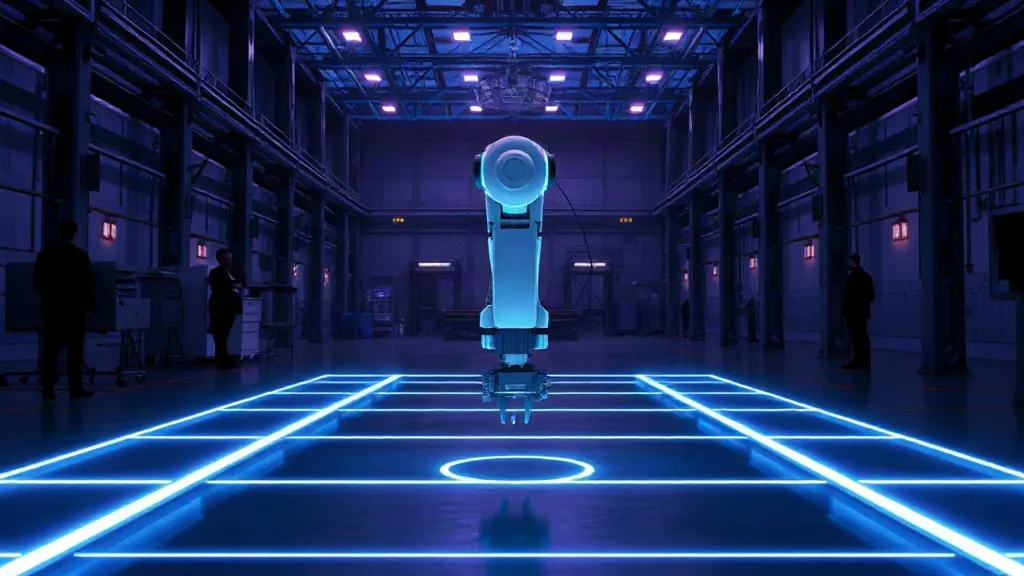 A robotic arm on a factory floor encircled by a glowing safety perimeter grid, with workers watching from a distance.