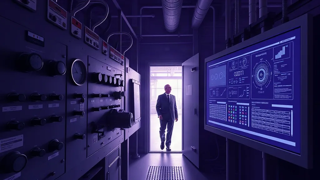 A legacy industrial control panel beside a modern interface, with an engineer's silhouette walking out of the frame.