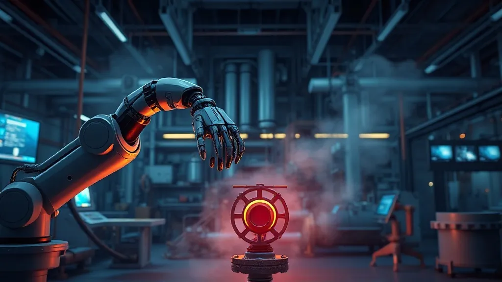 A robotic arm and a human hand both reach toward a glowing industrial valve in a dimly lit plant, symbolizing shared control between AI agents and human operators.