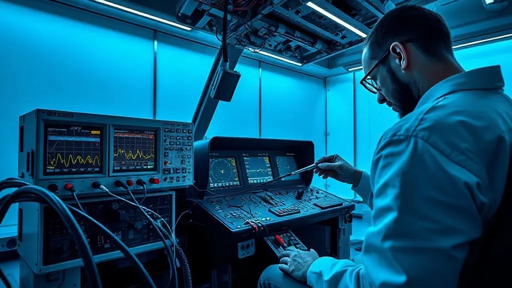 A technician working at a hardware-in-the-loop avionics test bench surrounded by instrumentation and wiring harnesses.