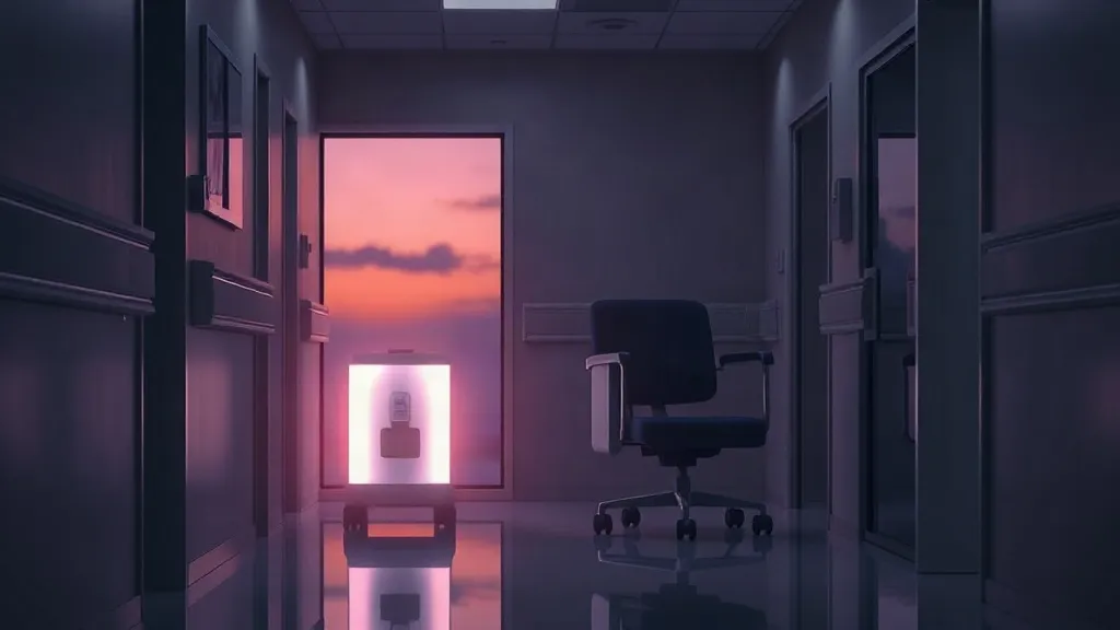 An empty hospital exam room with a glowing device on a cart, suggesting a shift from passive observation to active interaction.