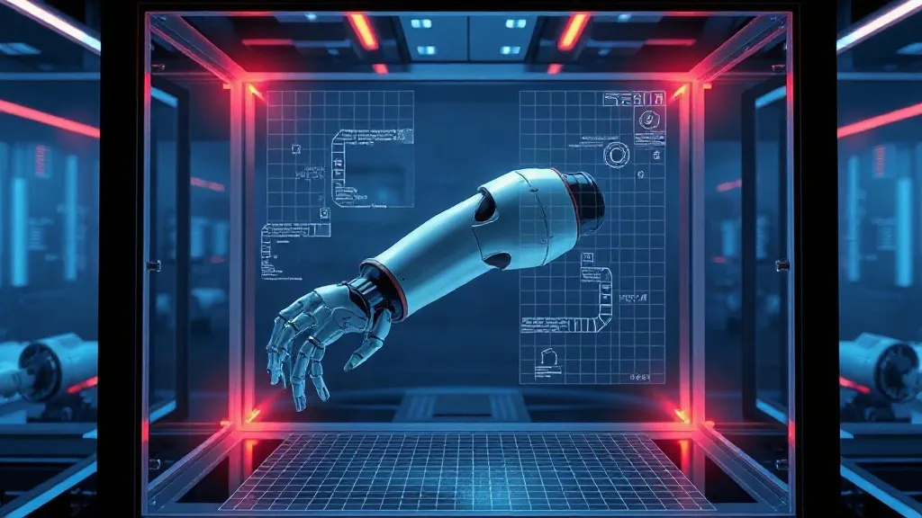 A robotic arm suspended inside layered translucent grid planes representing an unaudited simulation layer between the robot and the factory floor.