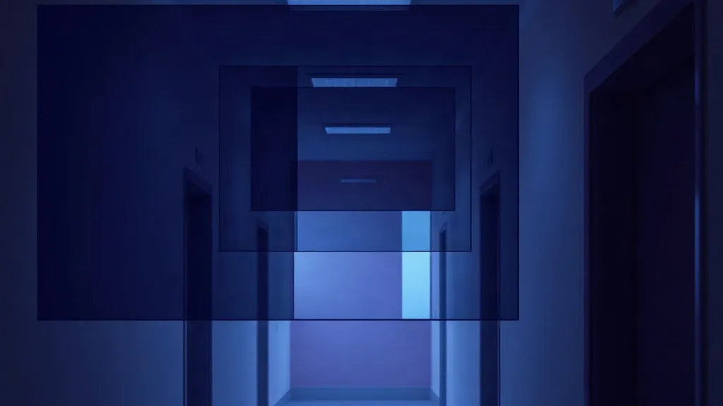 Layered translucent glass panels in a hospital hallway symbolizing chained authorization between hospital, payer, and AI systems.
