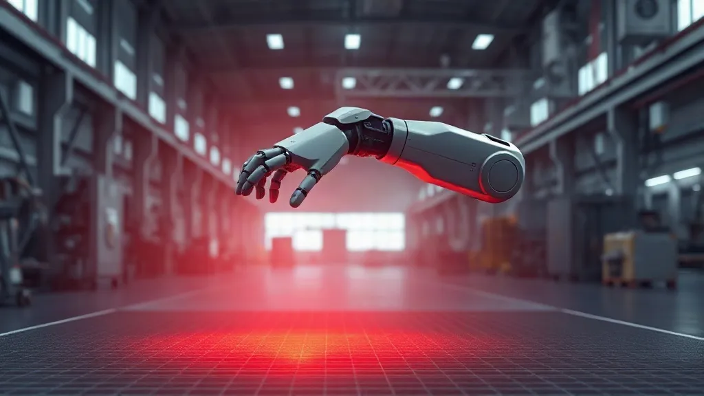 A humanoid robot arm interacting with a laser safety scanner on an industrial factory floor.
