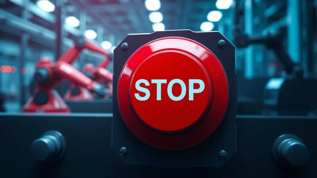 An industrial emergency stop button being pressed on a factory floor with automated machinery halted in the background.