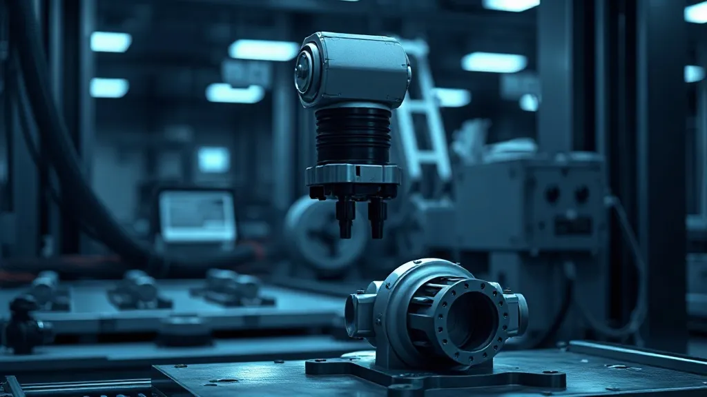 A robotic inspection arm examines a machined industrial part under blue sensor light on a factory floor.