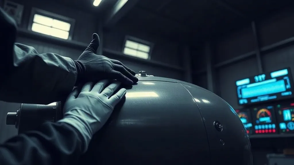 A technician's hand on an aircraft engine in a hangar lit by a soft blue diagnostic glow, with no visible text.