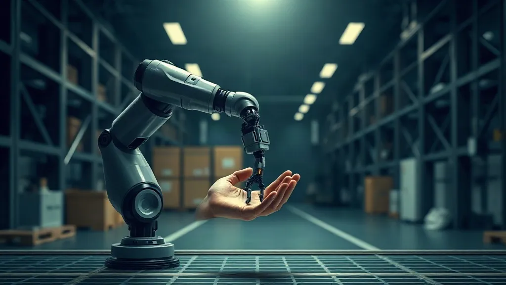 A robotic arm pauses near an operator's hand on a factory floor, evoking a moment of shared control between machine and person.