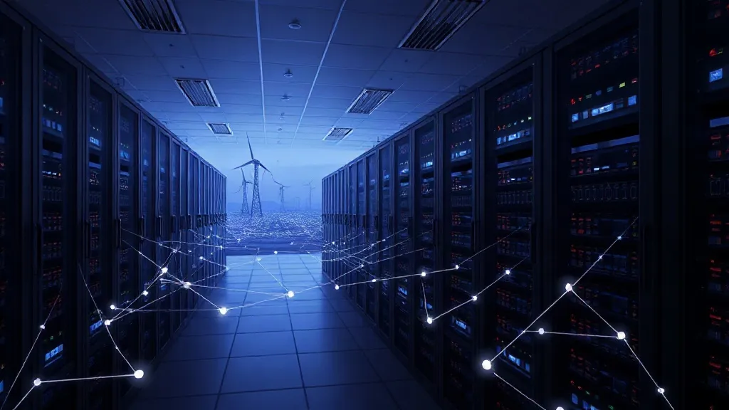Aerial view of a data center connected by glowing energy lines to wind turbines and transmission towers, symbolizing AI power attribution.