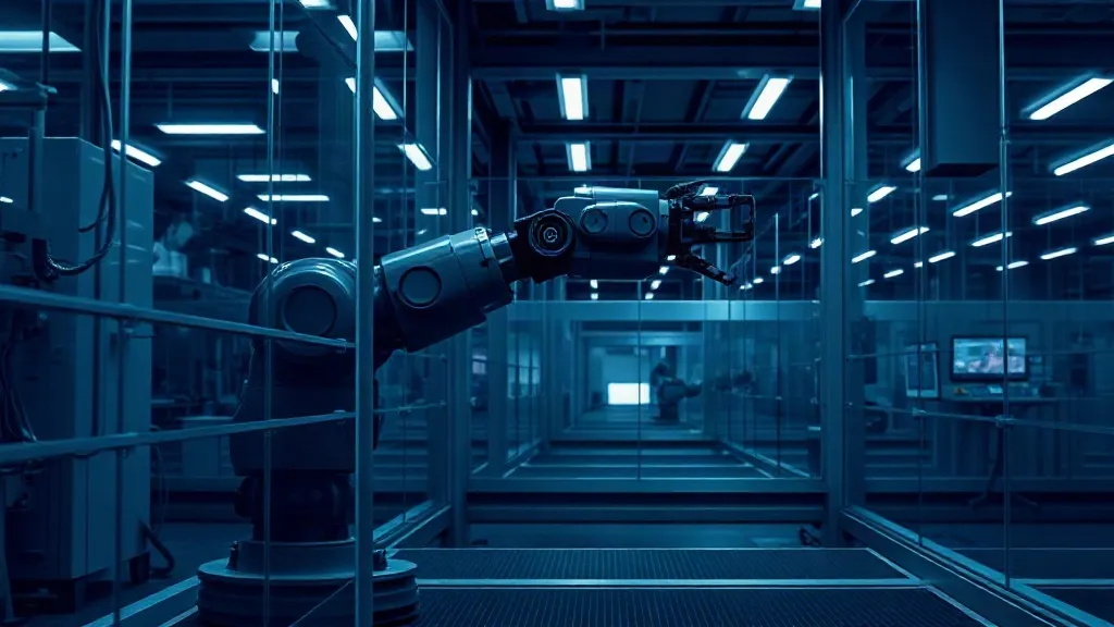 An industrial robotic arm shown mid-motion behind translucent safety barriers on a factory floor.