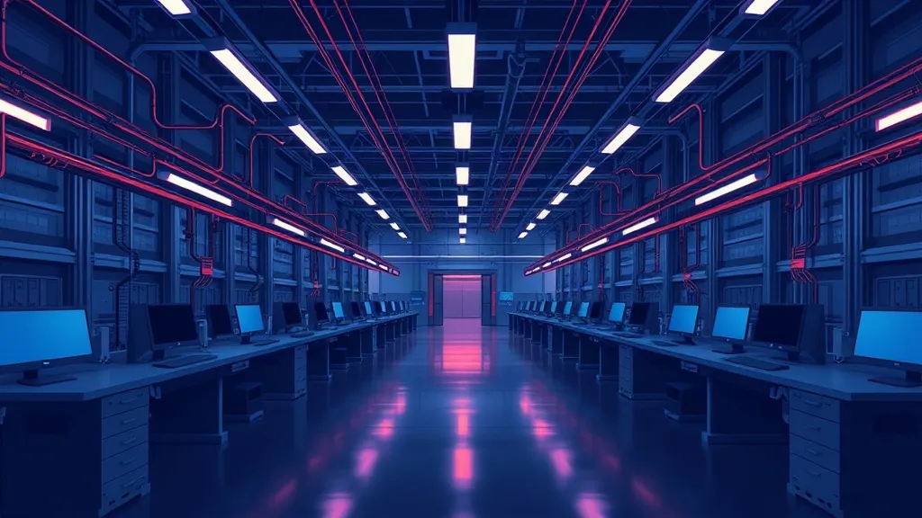 An empty vocational training hall with workstations and overhead conduits lit in blue and amber, symbolizing unseen infrastructure being built.