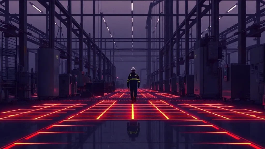 A factory worker walks across a dimly lit industrial floor beneath faint projected light patterns that suggest an unseen monitoring system.